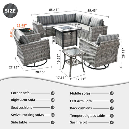 10 Pieces Patio Furniture with 7.68'' Handrails and 30'' Fire Pit Table Rocking Chair