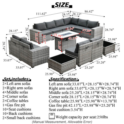 13 Pieces Outdoor Furniture with 7.68'' Broad Handrails and Rectangle 42.12'' Fire Pit Table