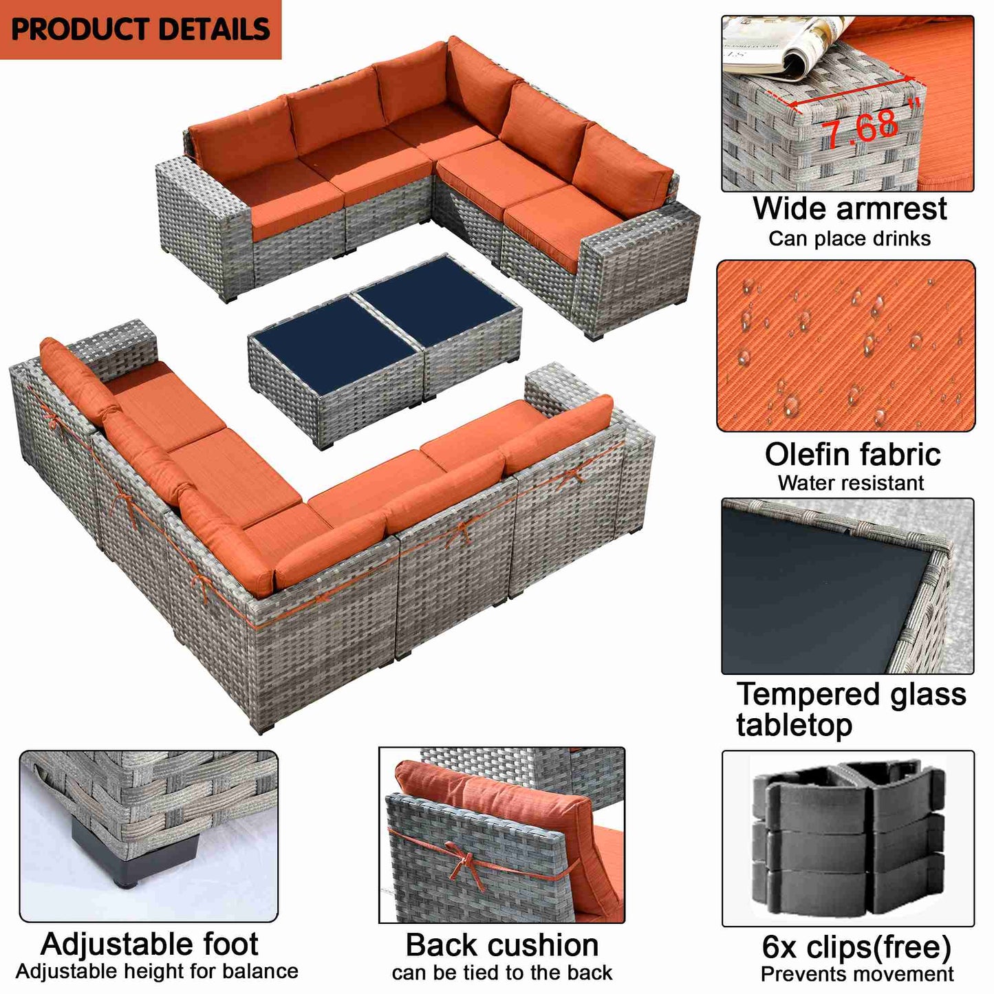 12 Pieces Patio Conversation Set with 7.68'' Broad Handrails