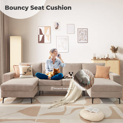 126" Modern U-Shaped Couch with Double Chaise Corduroy Fabric