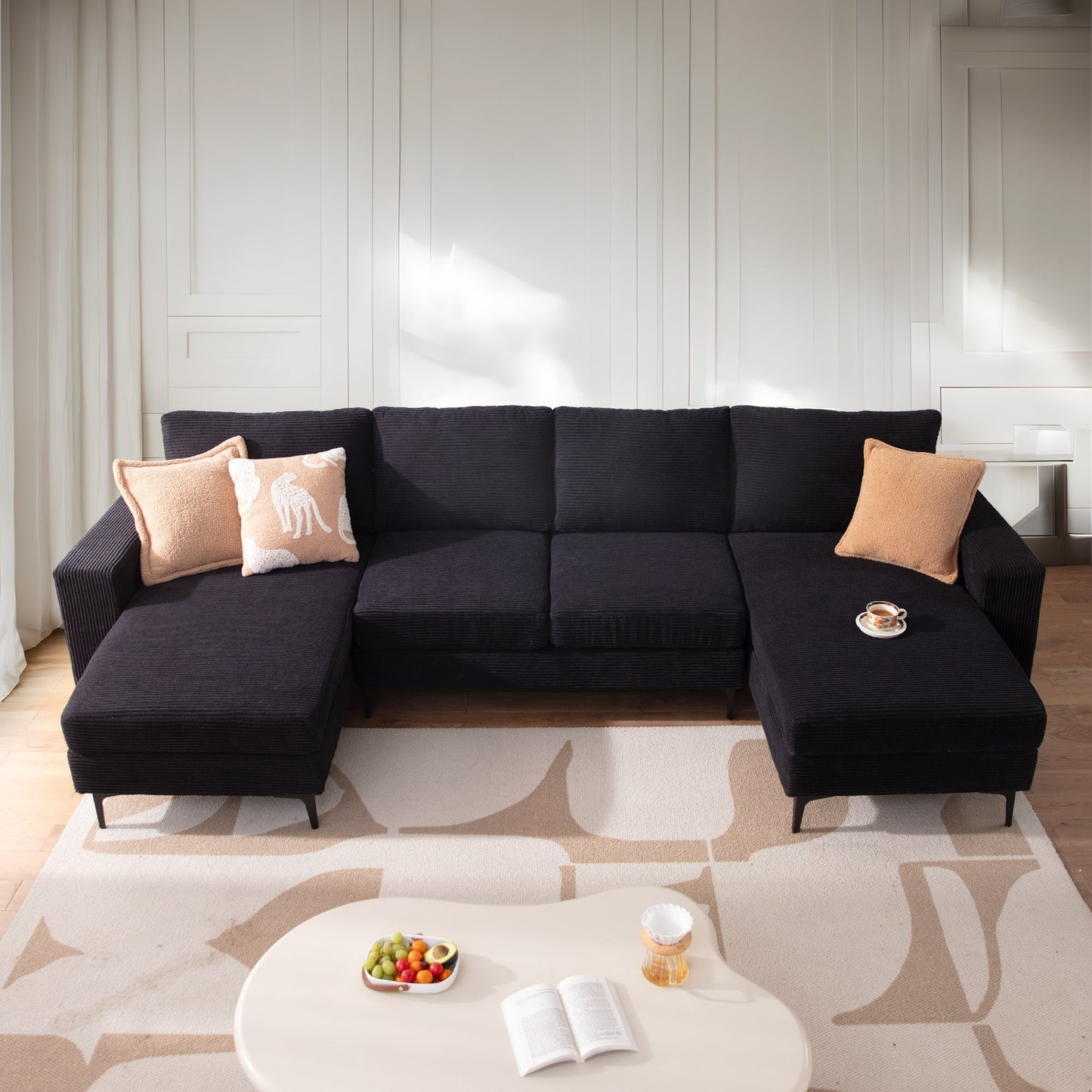 126" Modern U-Shaped Couch with Double Chaise Corduroy Fabric