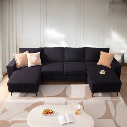 126" Modern U-Shaped Couch with Double Chaise Corduroy Fabric