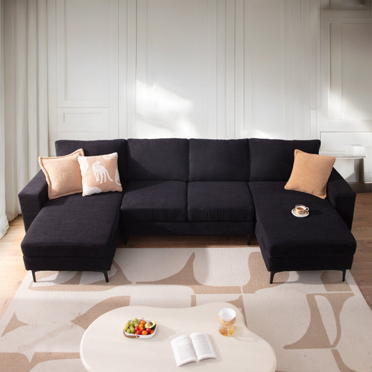 126" Modern U-Shaped Couch with Double Chaise Corduroy Fabric