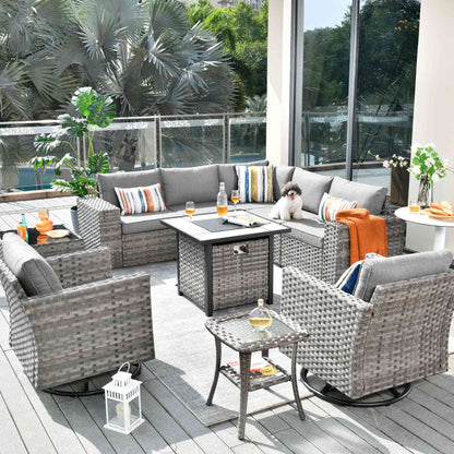 10 Pieces Patio Furniture with 7.68'' Handrails and 30'' Fire Pit Table Rocking Chair