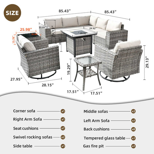 10 Pieces Patio Furniture with 7.68'' Handrails and 30'' Fire Pit Table Rocking Chair