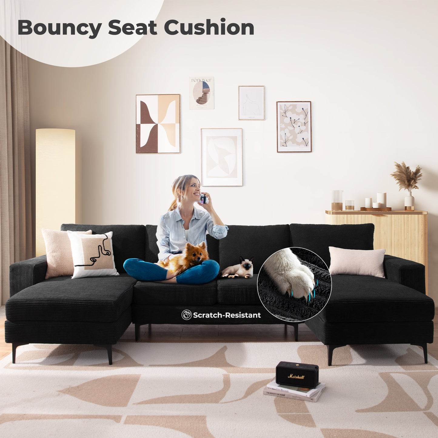 126" Modern U-Shaped Couch with Double Chaise Corduroy Fabric