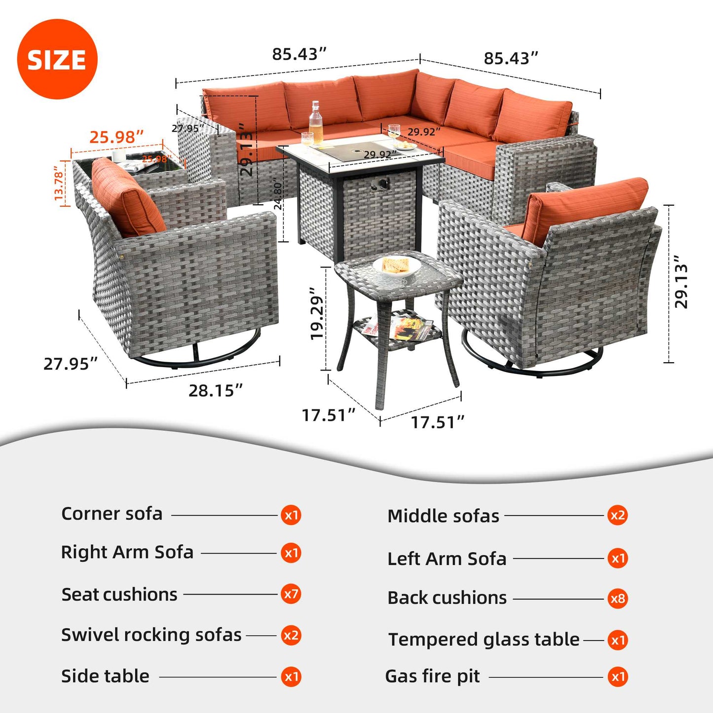 10 Pieces Patio Furniture with 7.68'' Handrails and 30'' Fire Pit Table Rocking Chair