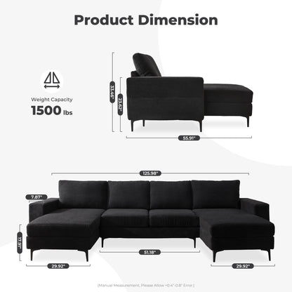 126" Modern U-Shaped Couch with Double Chaise Corduroy Fabric