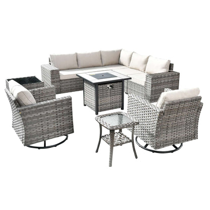 10 Pieces Patio Furniture with 7.68'' Handrails and 30'' Fire Pit Table Rocking Chair