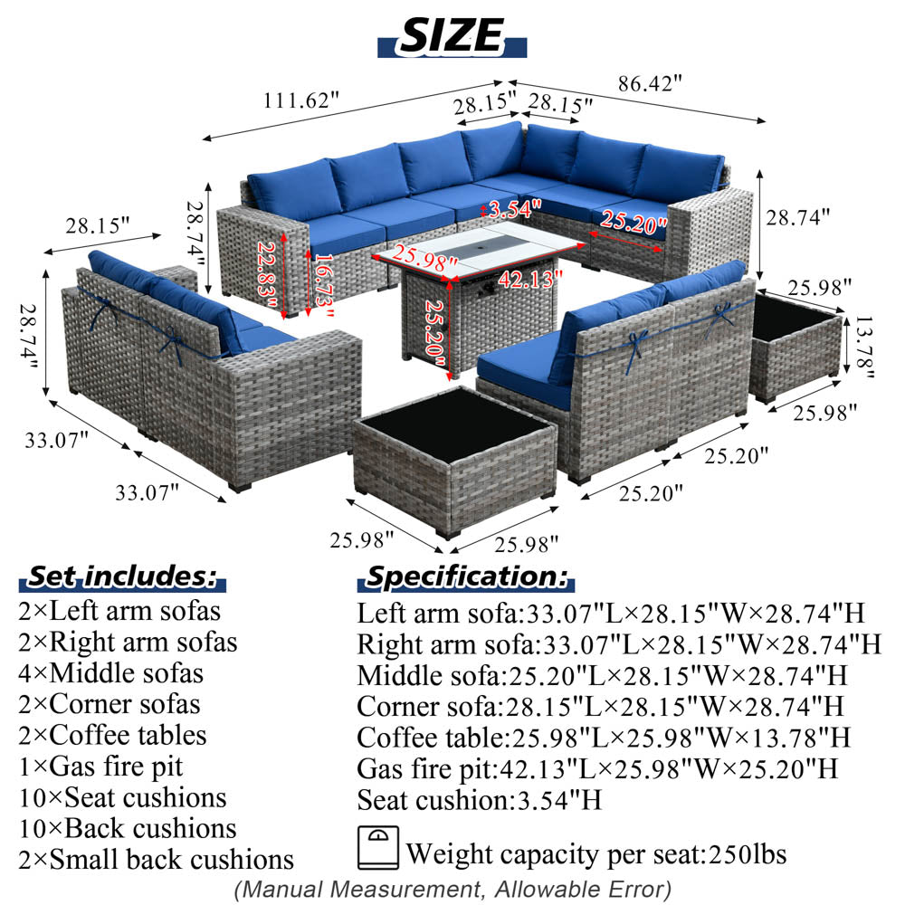 13 Pieces Outdoor Furniture with 7.68'' Broad Handrails and Rectangle 42.12'' Fire Pit Table