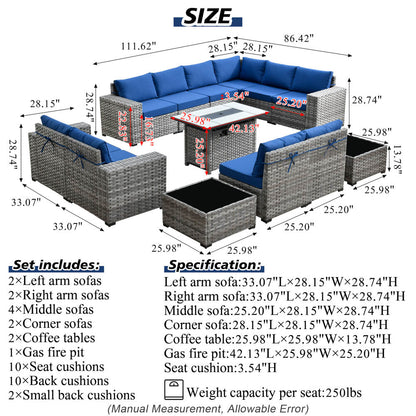13 Pieces Outdoor Furniture with 7.68'' Broad Handrails and Rectangle 42.12'' Fire Pit Table