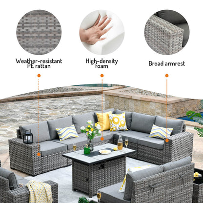 13 Pieces Outdoor Furniture with 7.68'' Broad Handrails and Rectangle 42.12'' Fire Pit Table