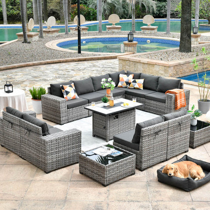 13 Pieces Outdoor Furniture with 7.68'' Broad Handrails and Rectangle 42.12'' Fire Pit Table