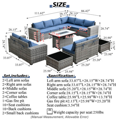 13 Pieces Outdoor Furniture with 7.68'' Broad Handrails and Rectangle 42.12'' Fire Pit Table