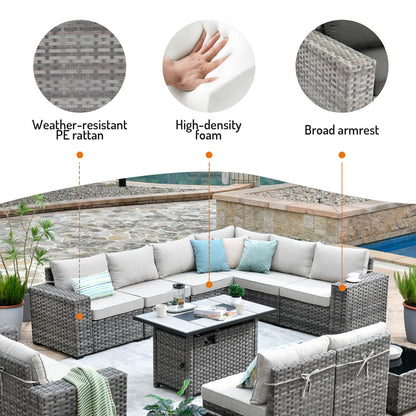 13 Pieces Outdoor Furniture with 7.68'' Broad Handrails and Rectangle 42.12'' Fire Pit Table