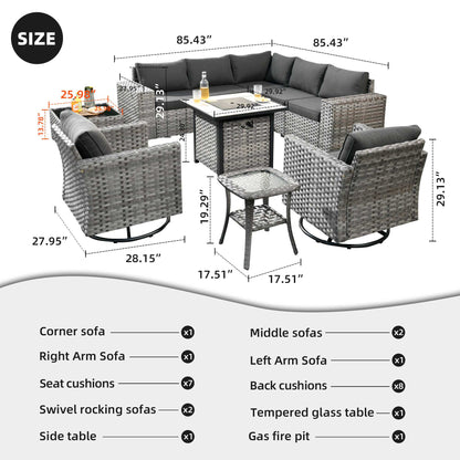 10 Pieces Patio Furniture with 7.68'' Handrails and 30'' Fire Pit Table Rocking Chair
