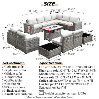 13 Pieces Outdoor Furniture with 7.68'' Broad Handrails and Rectangle 42.12'' Fire Pit Table