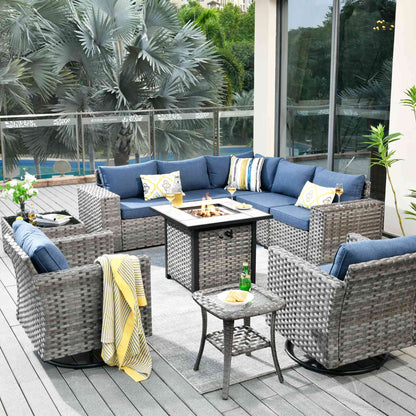 10 Pieces Patio Furniture with 7.68'' Handrails and 30'' Fire Pit Table Rocking Chair