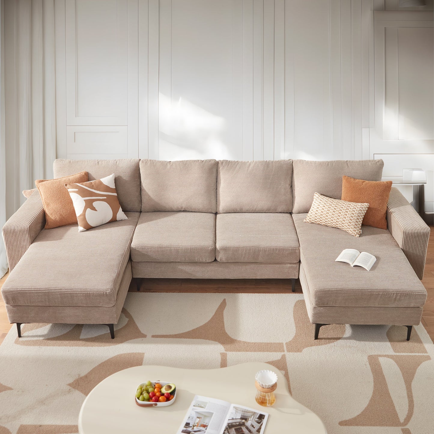 126" Modern U-Shaped Couch with Double Chaise Corduroy Fabric